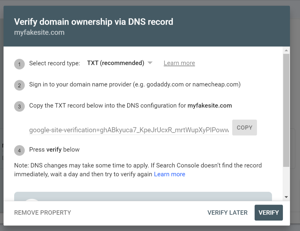 Screen in Google Search Console with instructions for verifying a domain through a DNS record.