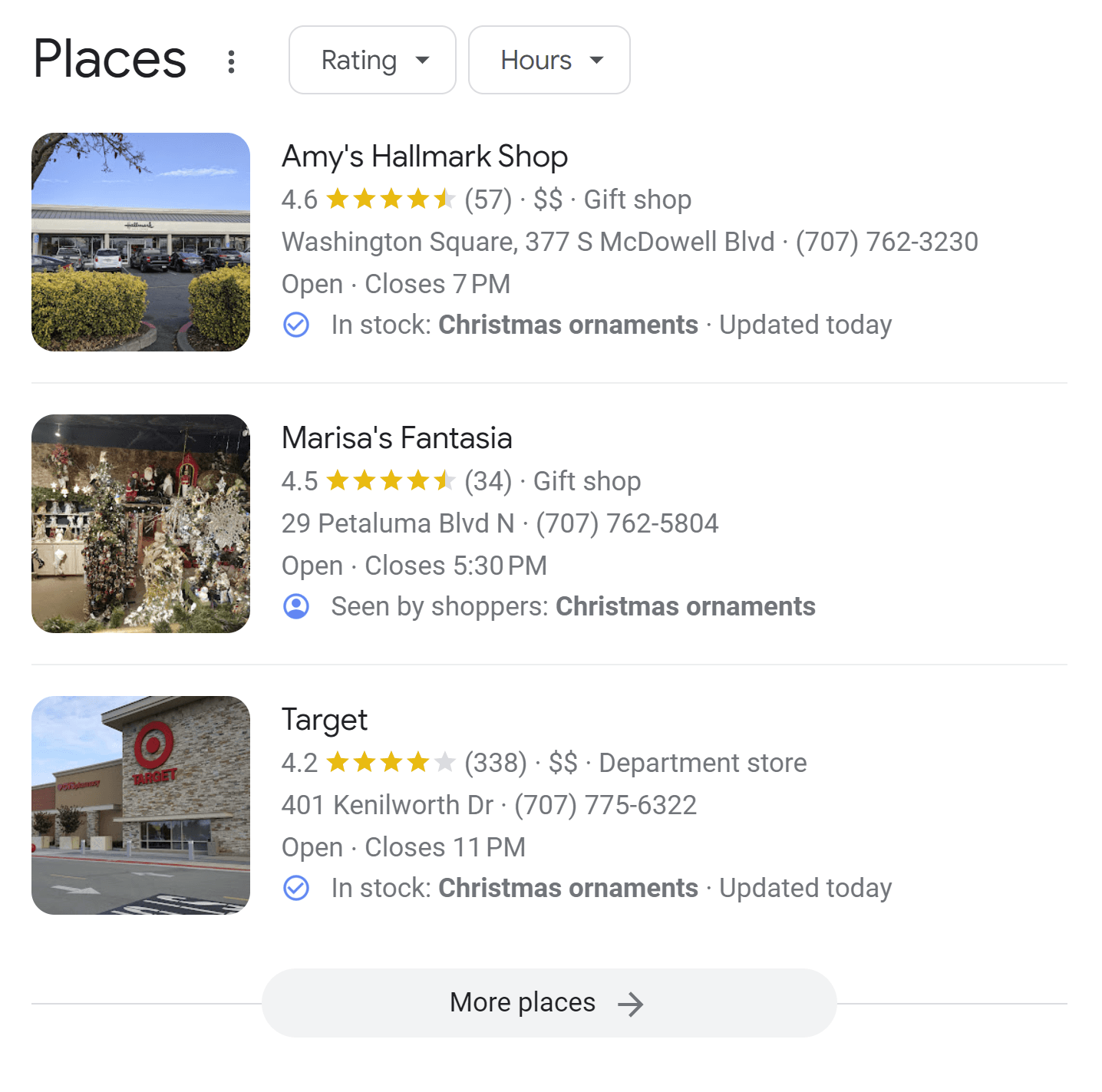 screenshot of local pack featuring 3 listings for stores that sell Christmas ornaments