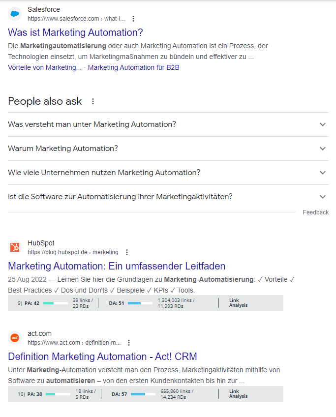 German SERP for the keyword "marketing automation" using MozBar
