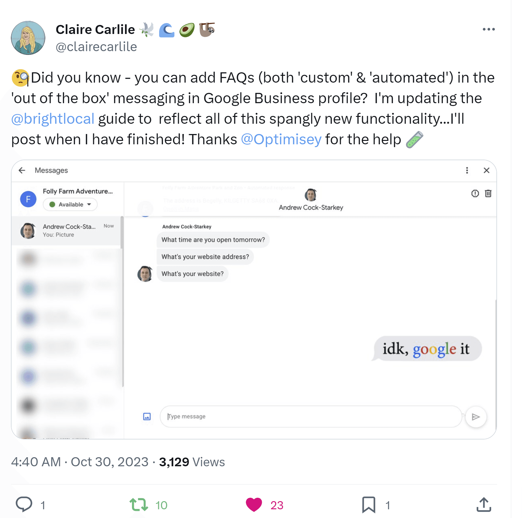 Screenshot of Gooogle Business Profile messaging interface.