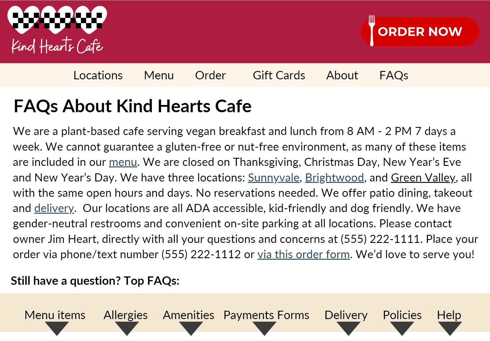 Image showing FAQs about Kind Hearts Cafe