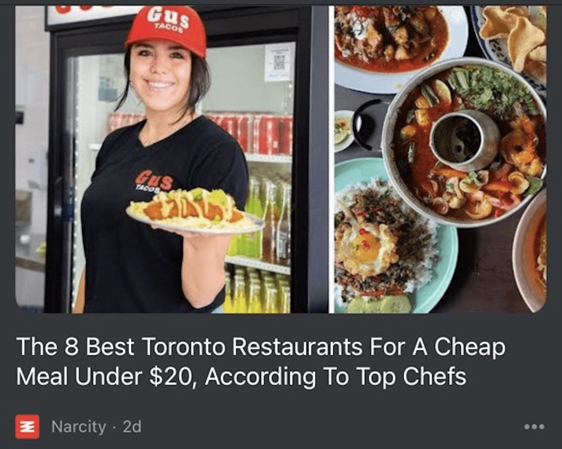 Article titled "The Best Toronto Restaurants for a Cheap Meal Under $20"