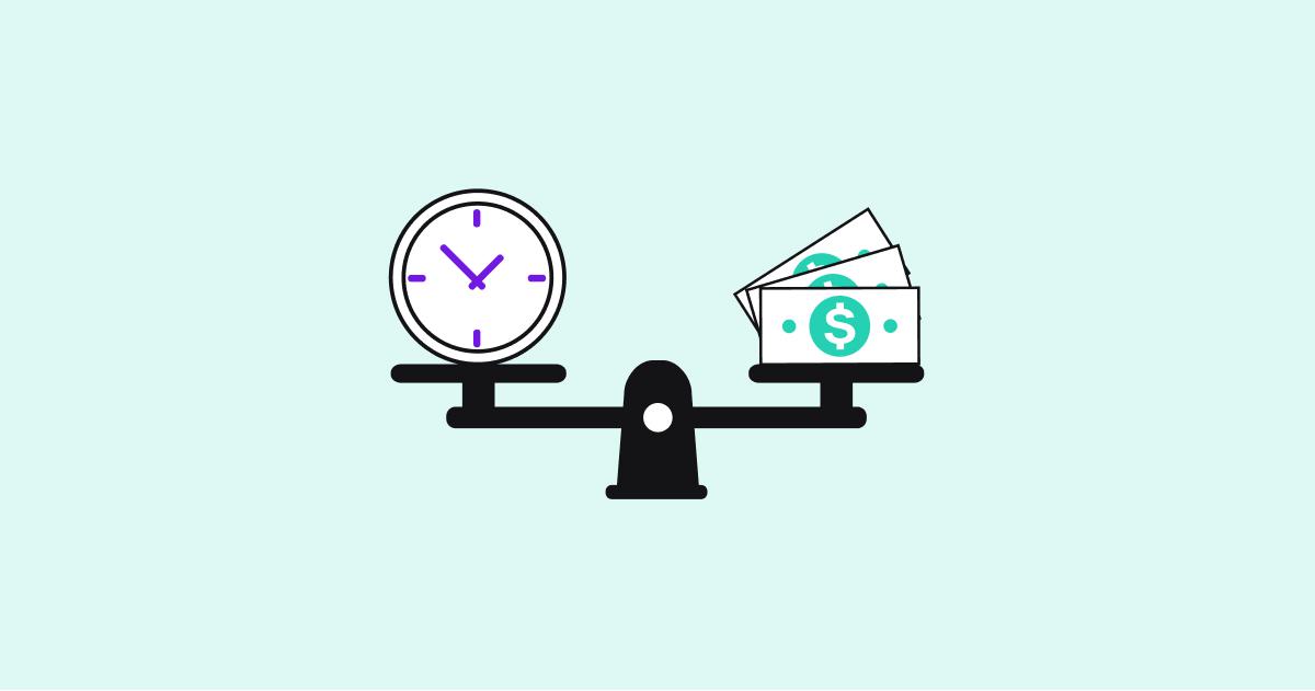 Graphic of a level scale with a clock on one side and dollar bills on the other side.
