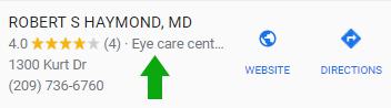Local Google map result for Robert S. Haymond, MD, with green arrow pointing to eye-care center.