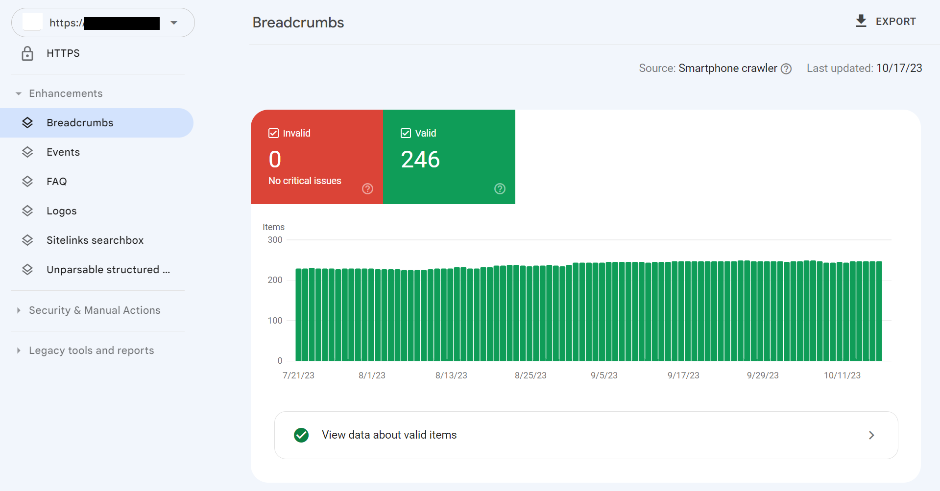 Example of insights from the Enhancements section in Google Search Console.