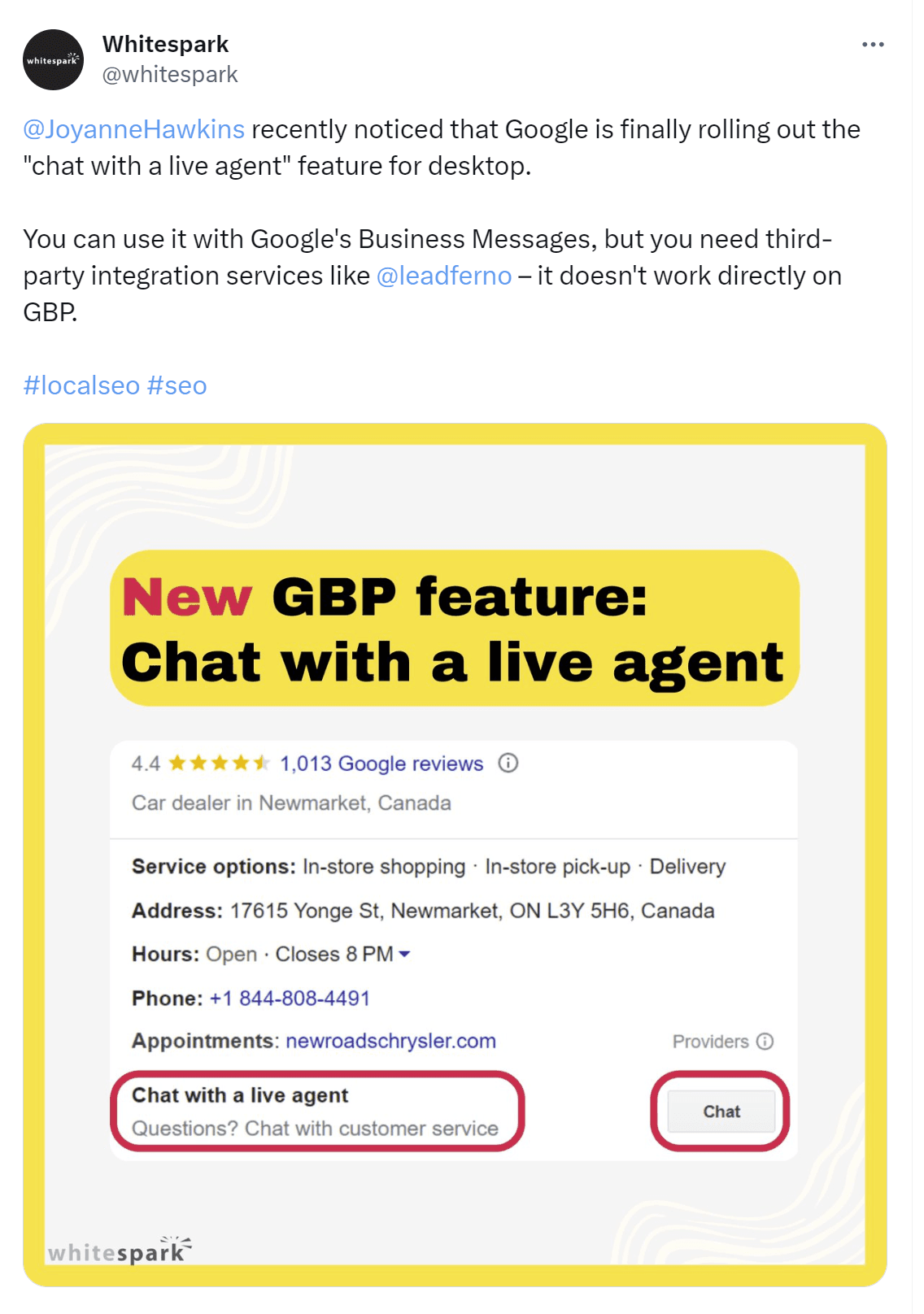 Google Business Profile with a chat button and "chat with a live agent" CTA