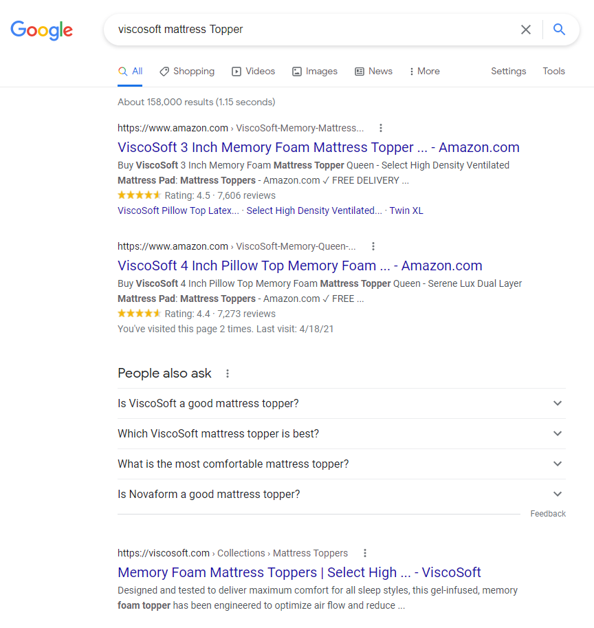 SERP result for Viscosoft mattress topper
