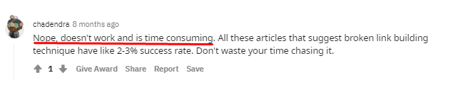 Comment on forum saying that broken link building doesn't work