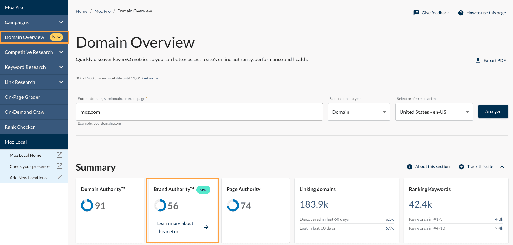 Screenshot of the Domain Overview tool in Moz Pro with Brand Authority outlined.