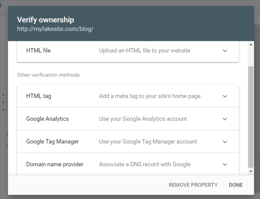 List of options in Google Search Console for verifying site ownership for a URL prefix property.