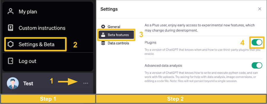 Screenshots showing a two-step guide to activating ChatGPT's Plugins Mode.
