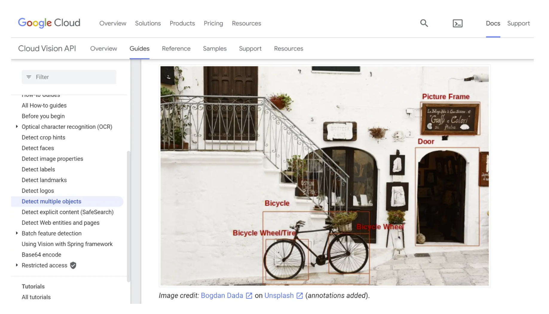 A screenshot of Google Cloud Vision API parsing the elements in a single photo, like a bicycle, door, and picture frame.