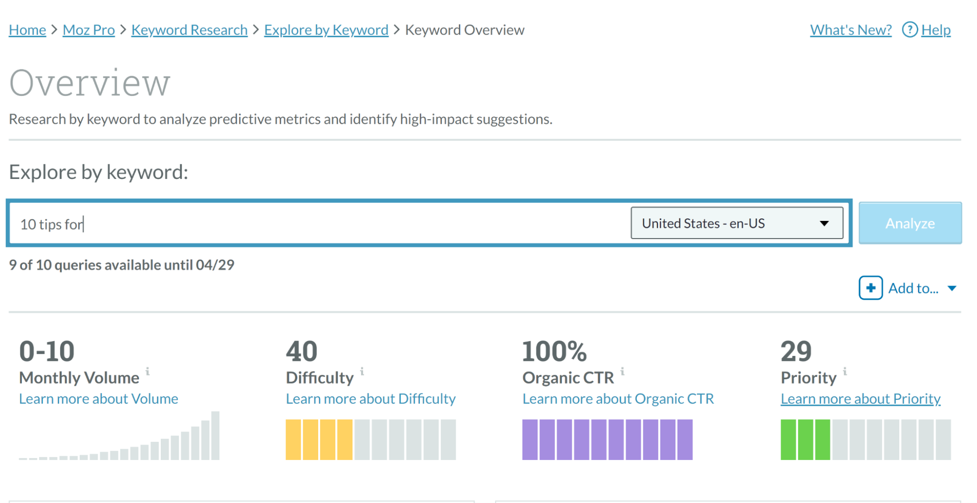 Screenshot of Moz Pro Keyword Explorer.