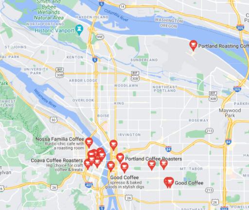 Google Maps search for 'coffee portland'.