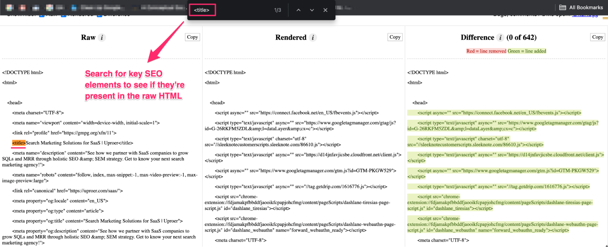 Screenshot of the View Rendered Source Chrome extension illustrating how to confirm if HTML elements are available in the raw HTML