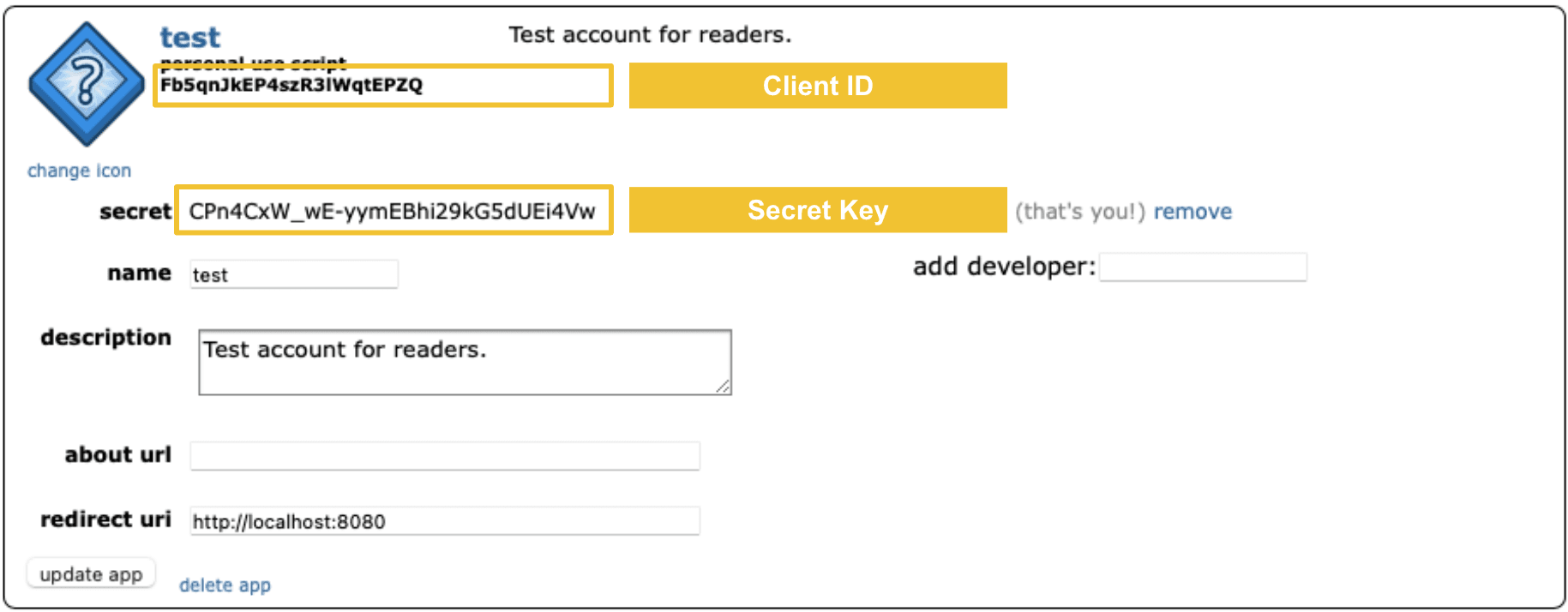 Screenshot showing locations of secret key and client ID on Reddit's app preferences page.