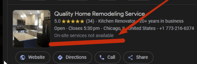 Screenshot showing the statement "on-site services not available" on a Google listing.