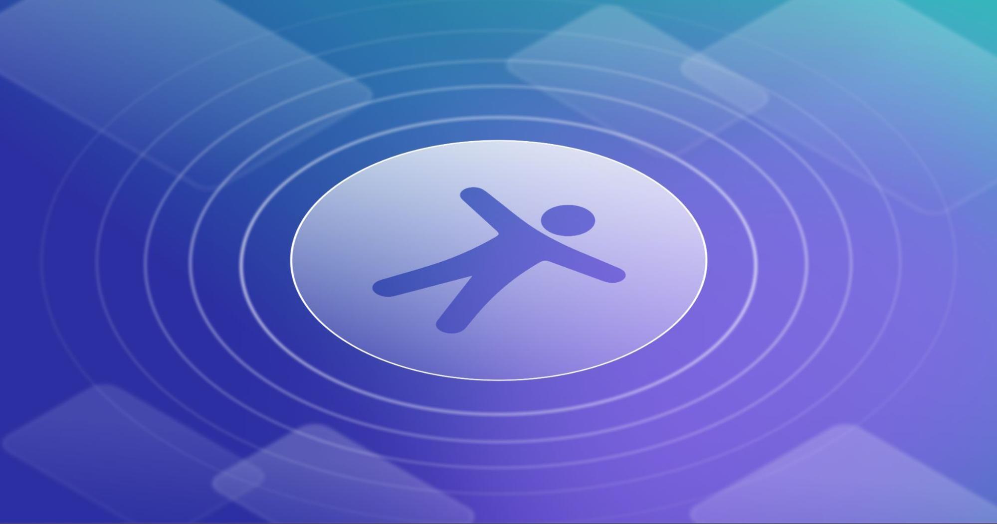 Illustration of the web accessibility icon, the outline of a person, in purple on a white circle against a blue background.