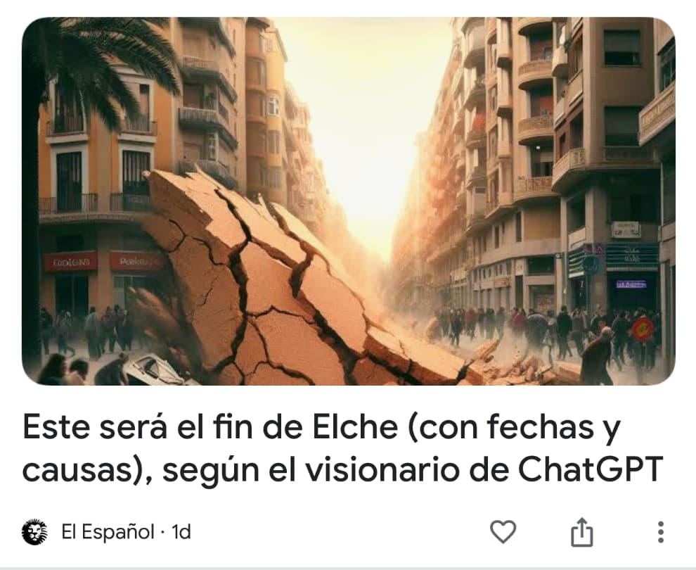 Article published in Spain. Headline translation: "This will be the end of Elche (with dates and causes), according to ChatGPt's visionary."