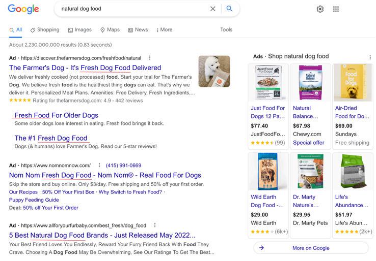 Figure: The top 3 ads that were shown for a search for “natural dog food”. Note that all the ads use the primary keyword in ad headlines and descriptions.
