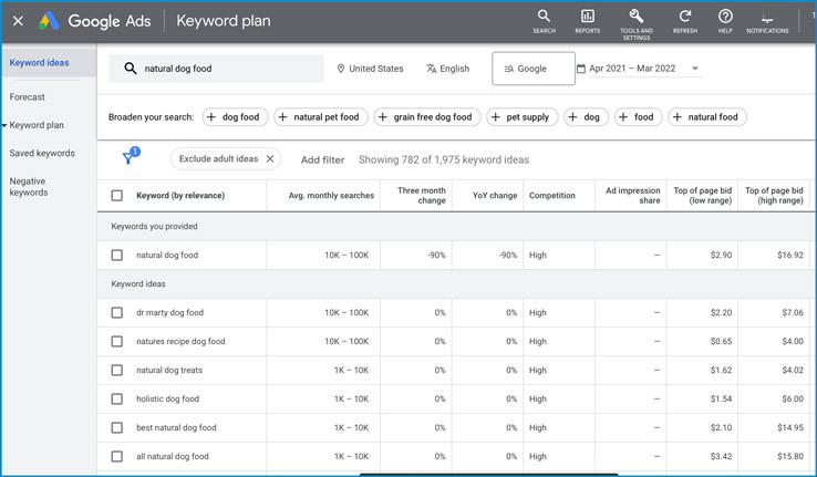 Figure: Example of Google Ads Keyword Planner