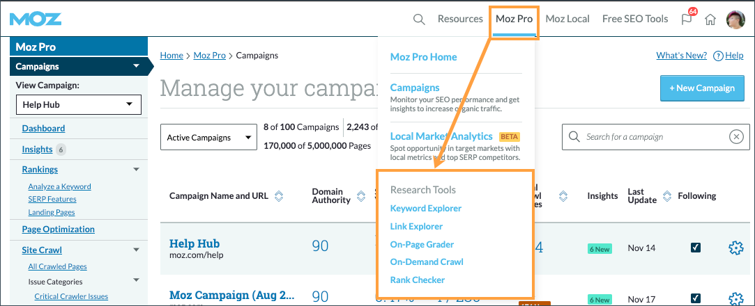 Location of the Research Tool links in the Moz Pro menu dropdown on the top right of outdoorsrank.com.