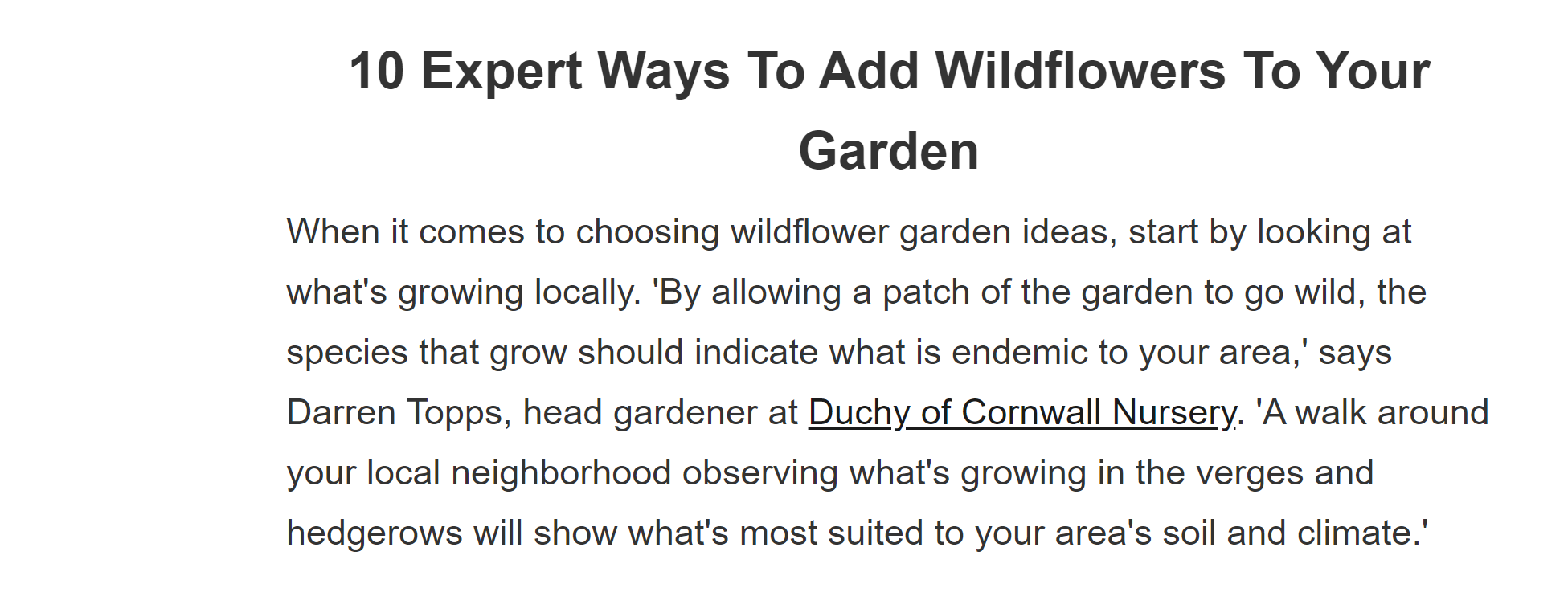 screenshot of a webpage of a plant nursery with title "10 expert ways to add wildflowers to your garden"