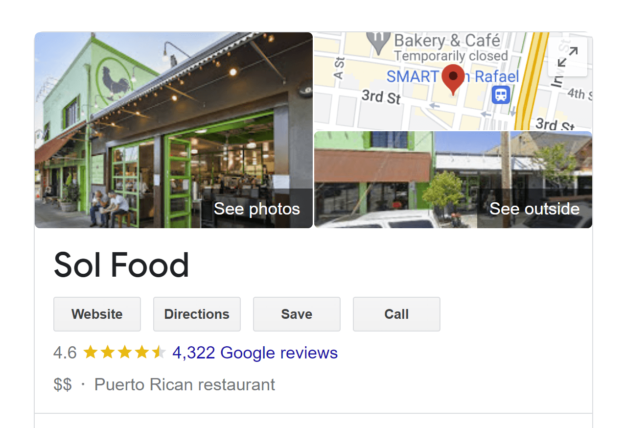 Restaurant Google business profile average star rating of 4.6 stars.