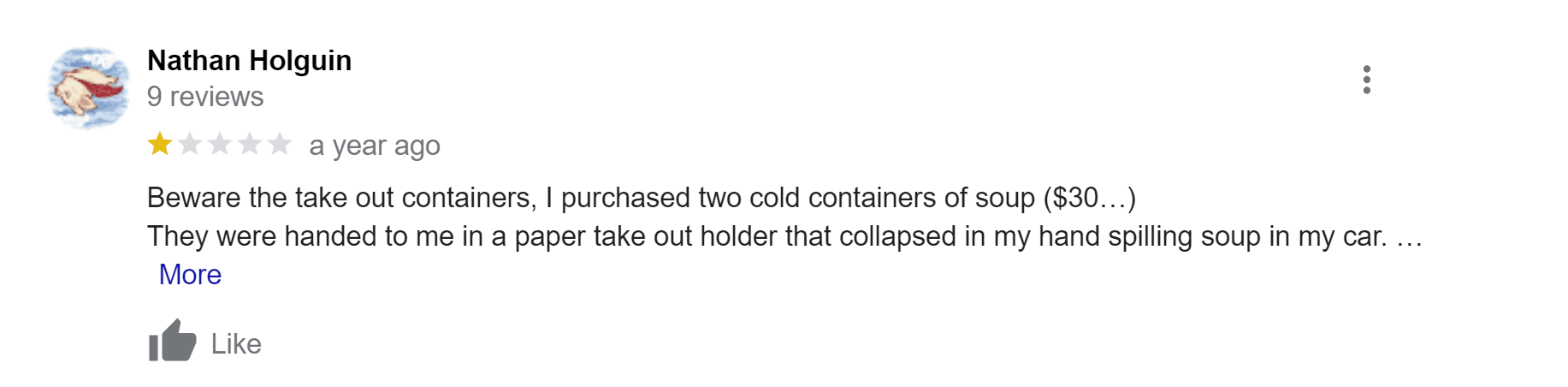 Example 1 star review from an unhappy customer disappointed with takeout service