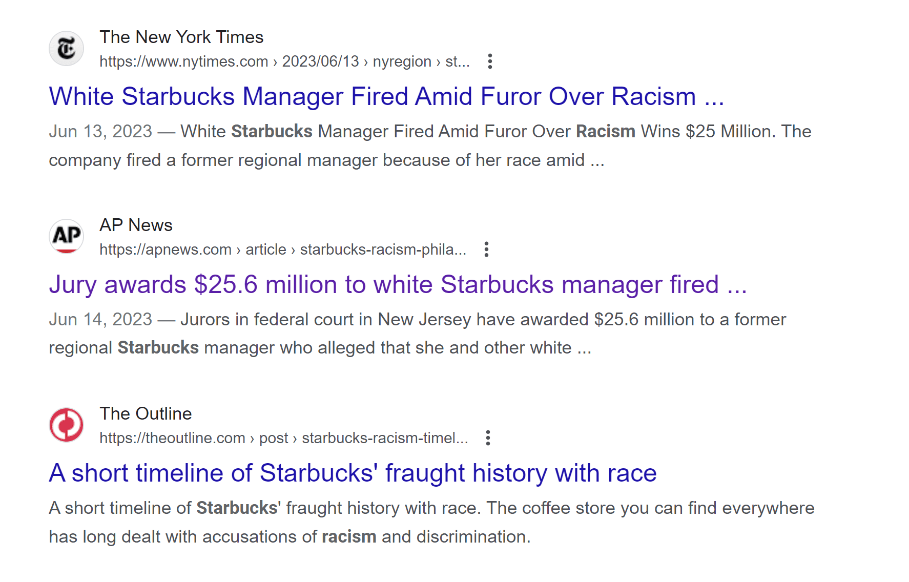 screenshot of articles ranking for your business with negative stories