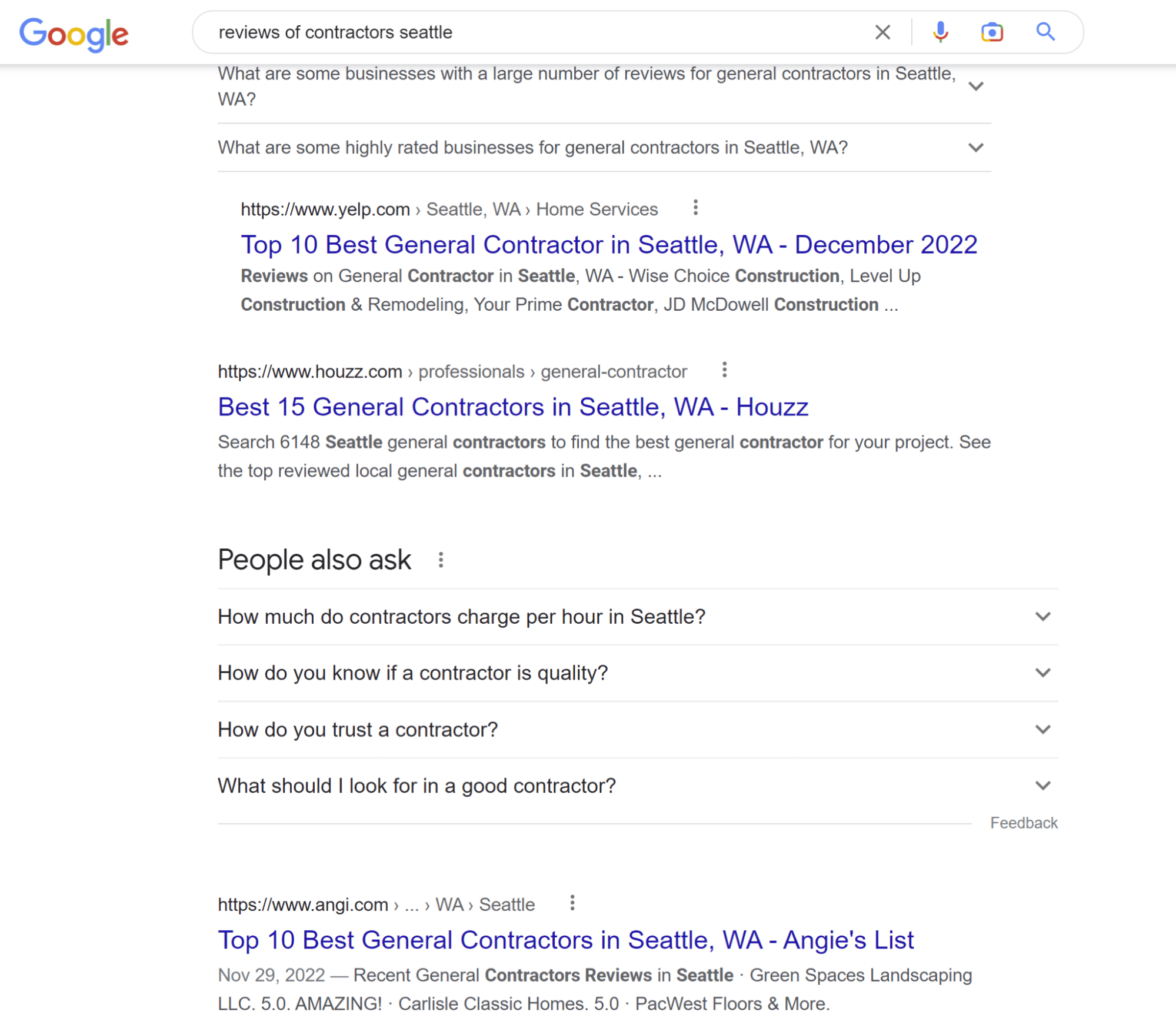 Google search results page for "reviews of contractors Seattle."