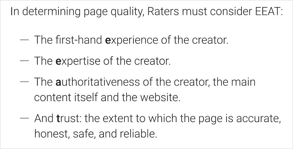 Quality Raters screenshot of E-E-A-T (Experience, Expertise, Authoritativeness, and Trust).