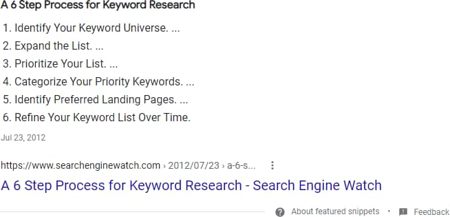search results for keyword research process with snippet showing each step