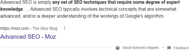 Featured snippet for "what is advanced seo"