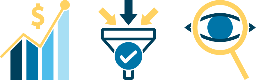 Graphic showing a business chart, a marketing funnel and an eye looking through a magnifying glass.