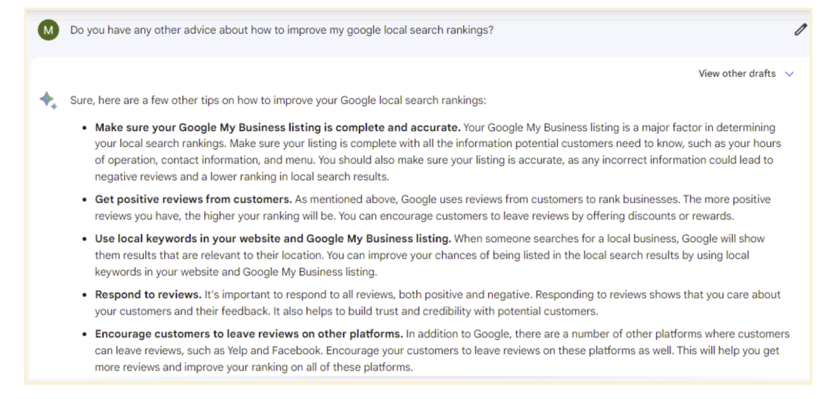 Bard explains how to improve Google local search rankings