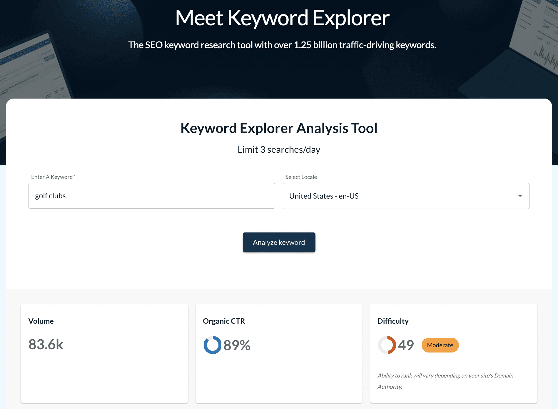 screenshot of Moz's free keyword explorer tool