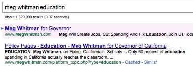 Whitman's page in search results for search on meg whitman education