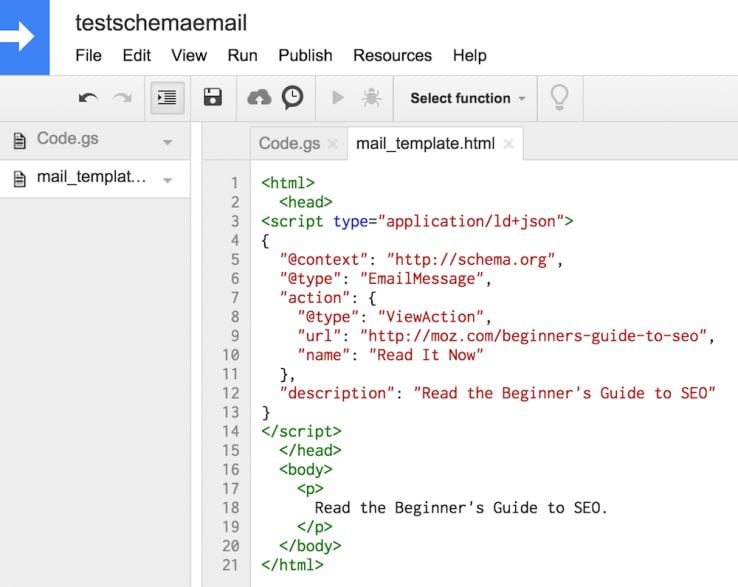 email markup code